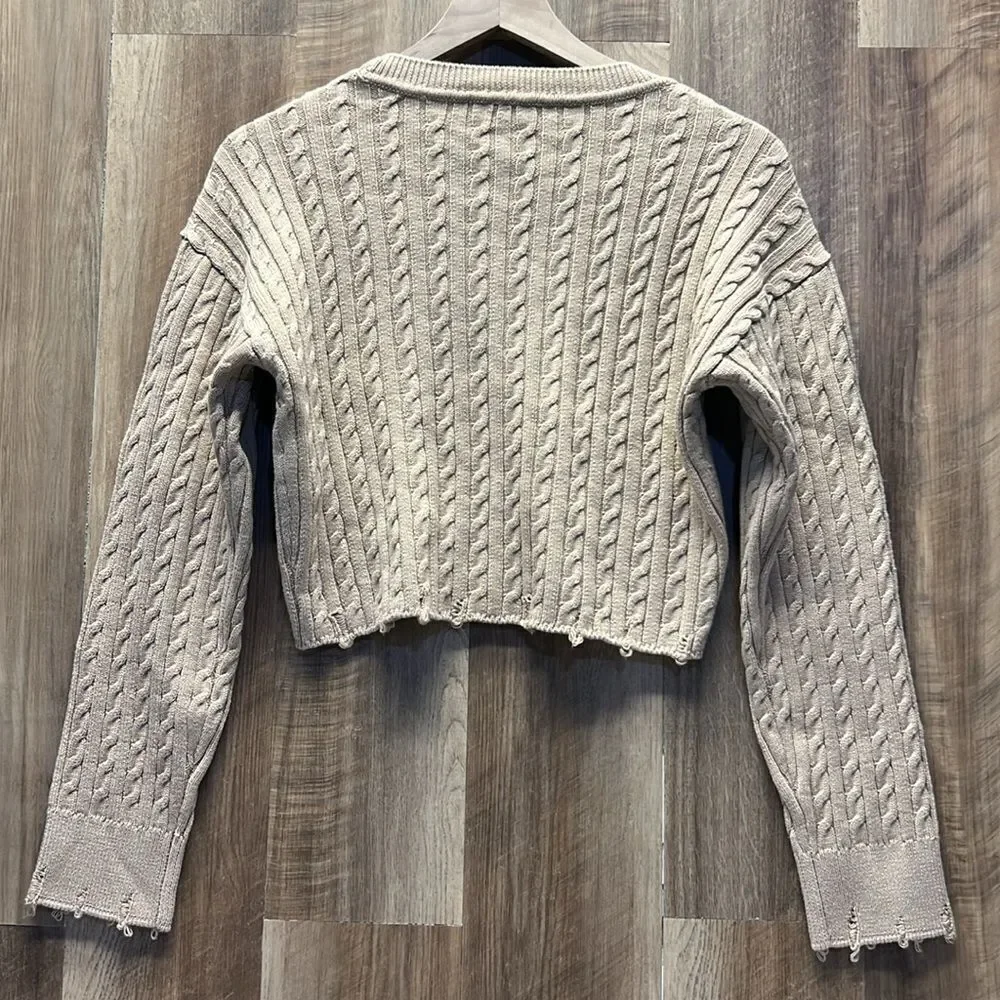 SANDRO- Cropped Cable-Knit Sweater in Beige
